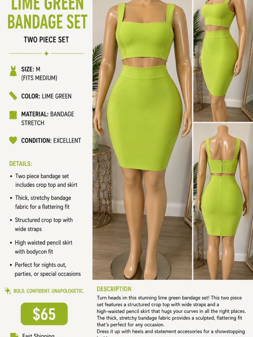 Lime Green High-Waist Bandage Pencil Skirt
